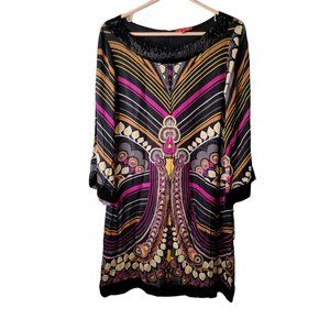 Rene Derhy Large Dress Boho Hippie Shift Retro Beaded Collar Sleeves Viscose